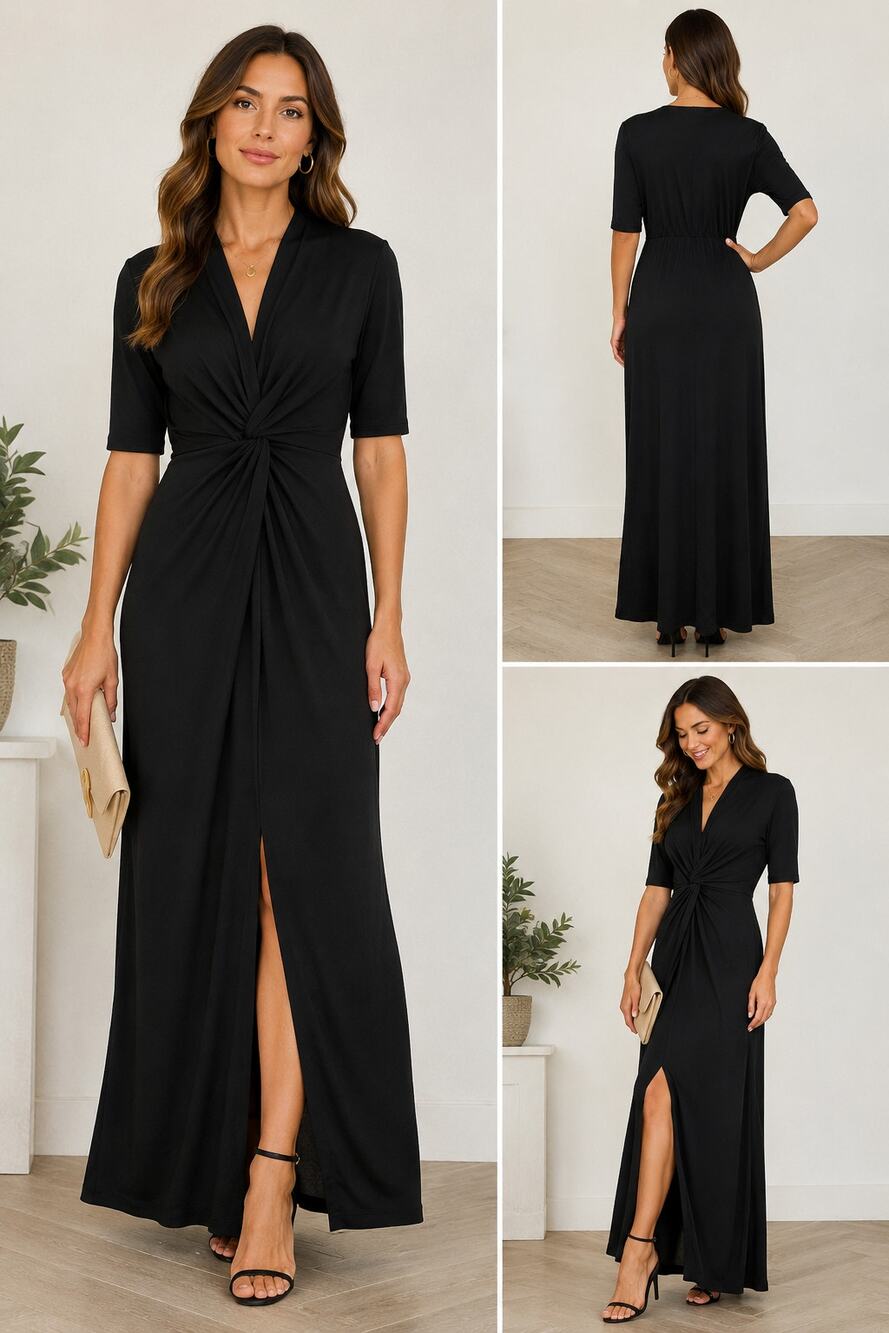 Venus XS Black Long Dress 1/2 Sleeve Side Slit Evening Cocktail Dress